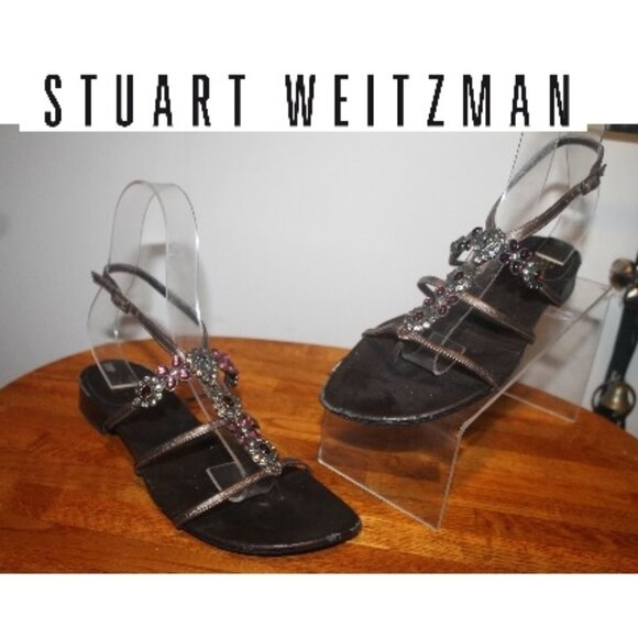 $448 Stuart Weitzman Bronze Bejeweled Gladiator Shoes Sandals 8.5 - Picture 1 of 6